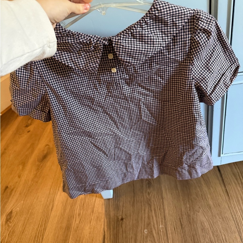 THE GREAT. Black, Navy, White Checkered Top. Ruffle collar. Size Small. - Picture 3 of 4